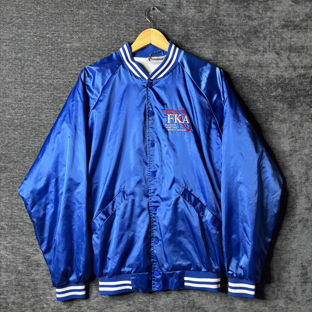 Vintage Florida Karting Association Cardinal Blue Satin Bomber Jacket Mens M